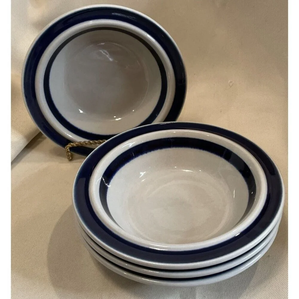 Arabia Finland Anemone Cobalt Blue Soup Cereal Bowls Set Of 4 Handpainted 6.5” - Picture 1 of 5
